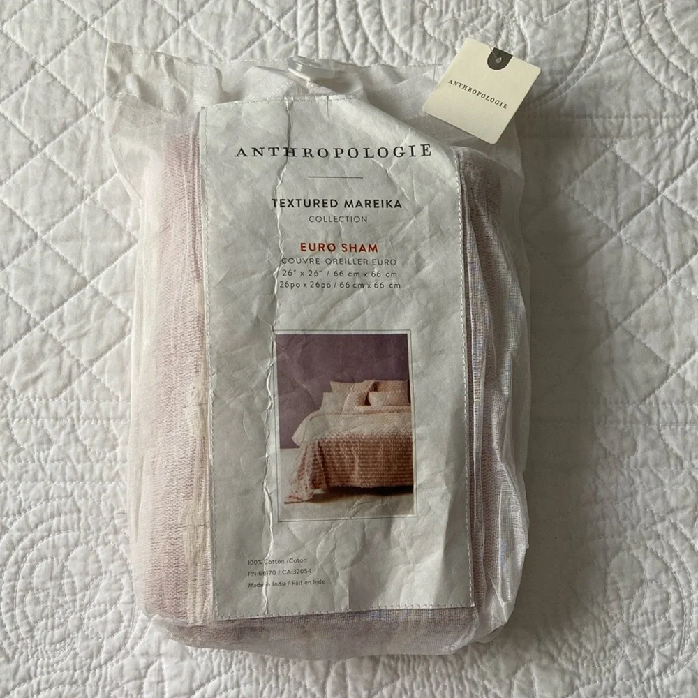 Anthropologie Mareika Textured Euro Sham Pillow Cover Blush Pink Cream N…